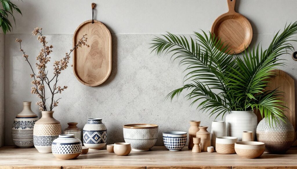 decoracion natural con ceramicas y plantas sobre mueble de madera clara