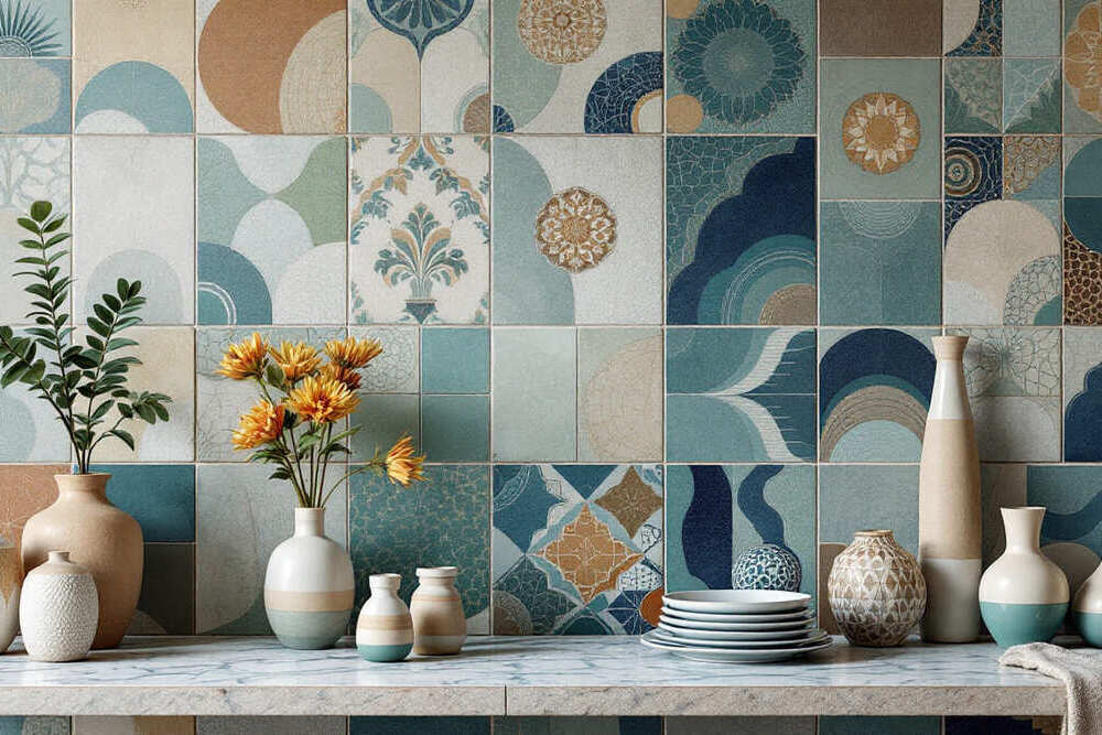 pared con azulejos de colores y figuras geometricas en estilo mediterraneo