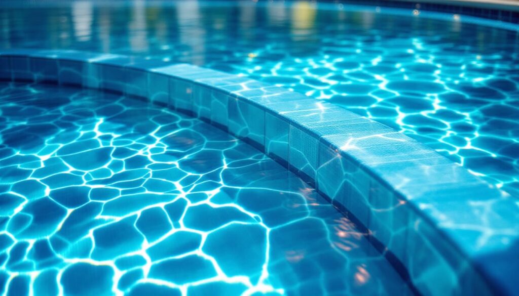 detalle de agua transparente y brillante en escalon de piscina con reflejos