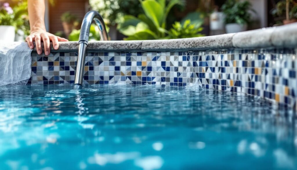 detalle de mano tomando agua de piscina con mosaico en borde
