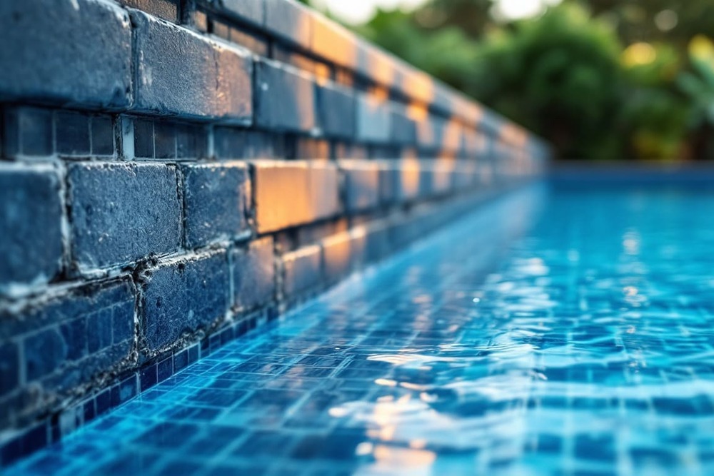 detalle de pared de piscina de ladrillo con agua en superficie y reflejos