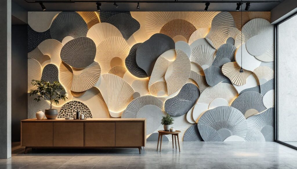 detalle de pared decorativa con relieves en forma de hojas en ambiente interior con mueble y planta