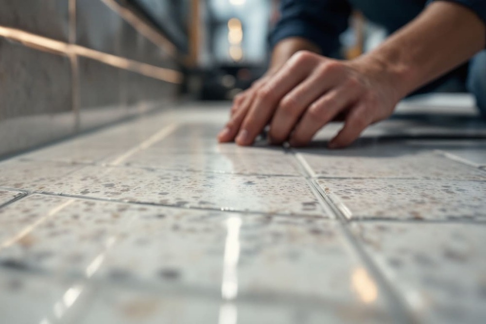 manos limpiando piso de ceramica o azulejos con detalles de suciedad en ambiente casa