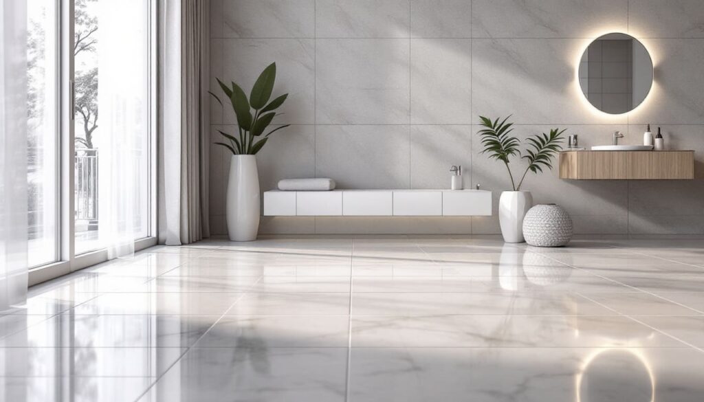 sala minimalista con piso brillante maceteros y decoracion moderna y luminosa