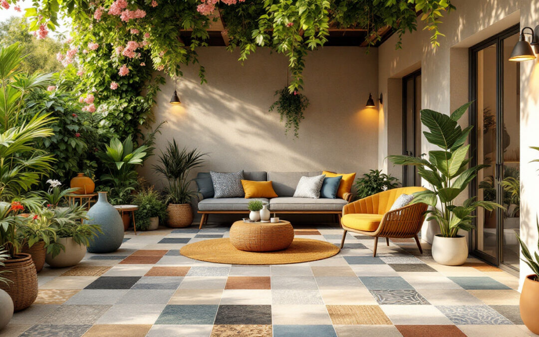 A photograph of a beautifully designed terrace featuring a variety of ceramic tiles that showcase their resistance to sun and rain
