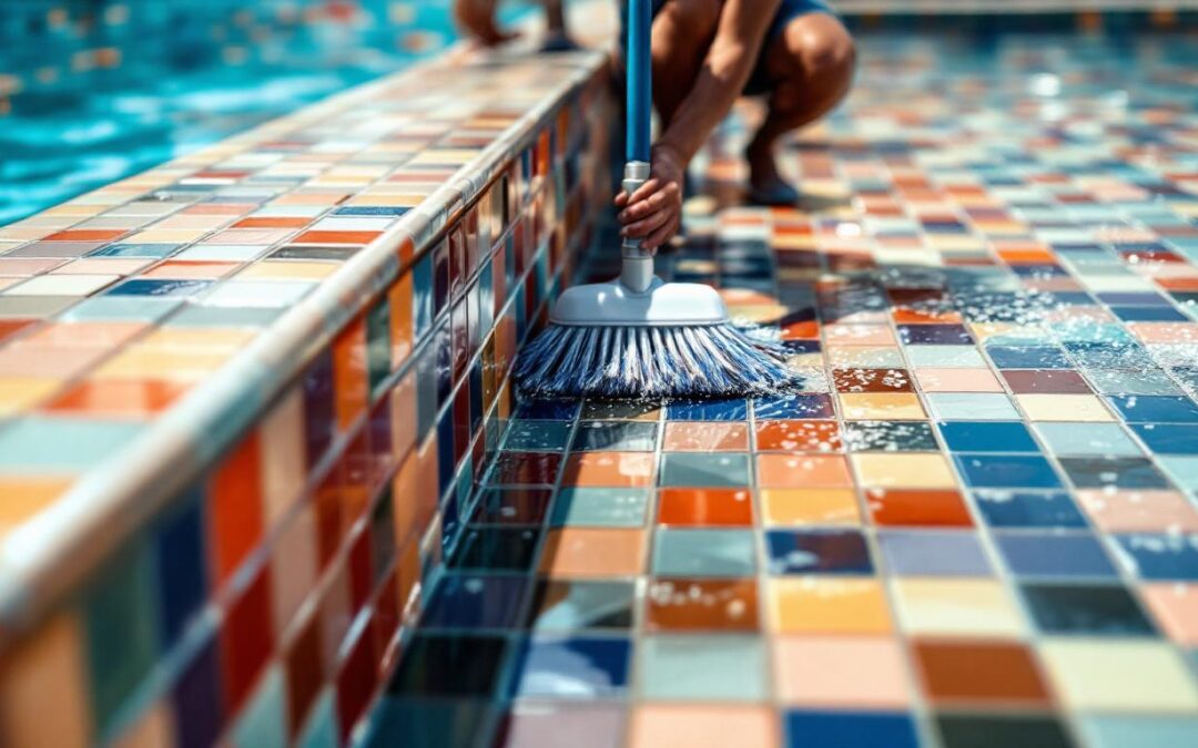 A photograph of a beautifully maintained swimming pool with ceramic tiles